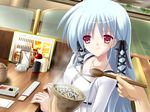  1girl food game_cg indoors male_hand red_eyes restaurant white_hair 
