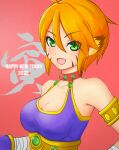  1girl 2022 :d animal_ears armlet bangs breasts breath_of_fire breath_of_fire_ii cat_ears chinese_zodiac cleavage cleavage_cutout clothing_cutout commentary english_text facial_mark fang green_eyes halterneck happy_new_year highres kanji medium_breasts mizoochi new_year open_mouth orange_hair pointy_ears purple_shirt red_background rinpoo_chuan shirt short_hair sleeveless sleeveless_shirt smile solo translated upper_body year_of_the_tiger 