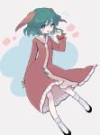  1girl animal_ears black_footwear blush dog_ears dog_tail dress full_body green_eyes green_hair highres kasodani_kyouko long_sleeves m_(m073111) open_mouth pink_dress shoes short_hair smile socks solo tail touhou white_socks 