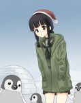  1girl arms_behind_head bangs bird black_hair black_neckerchief blunt_bangs braid coat dress emperor_penguin green_jacket green_sailor_collar green_serafuku green_skirt hair_ribbon hat igloo jacket kantai_collection kitakami_(kancolle) kujira_naoto leaning_forward long_hair neckerchief penguin pleated_dress red_headwear ribbon sailor_collar santa_hat school_uniform serafuku sidelocks single_braid skirt snow_shelter tress_ribbon winter_clothes winter_coat 