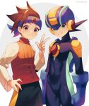  2boys absurdres arms_at_sides black_shorts blue_headband blue_headwear blurry blush bodysuit brown_eyes brown_hair closed_mouth covered_navel dated depth_of_field green_eyes grey_background hand_on_hip hand_up headband helmet highres lan_hikari_(mega_man) long_sleeves looking_at_viewer male_focus mega_man_(series) mega_man_battle_network megaman.exe multiple_boys orange_vest shirt short_hair shorts side-by-side smile spiked_hair standing turtleneck twitter_username two-tone_background vest w white_background white_shirt zero-go 