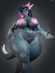  anthro areola big_breasts black_body black_scales black_sclera breasts claws dragon dreamingnixy female grey_body grey_scales hi_res highlights_(coloring) horn multicolored_body multicolored_scales nipples pink_areola pink_claws pink_eyes pink_highlights pink_horn scales scalie solo thick_thighs two_tone_body two_tone_scales wide_hips 
