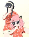  2girls absurdres alternate_costume anya_(spy_x_family) black_hair floral_print hairpods hand_up highres medium_hair multiple_girls open_mouth pink_hair red_shirt selfie shirt short_hair_with_long_locks shorts sidelocks sparkle spy_x_family sunglasses tanny_v tinted_eyewear yor_briar 