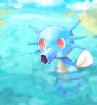  blue_sky cloud day english_commentary fins horsea looking_away no_humans outdoors partially_submerged photoshop_(medium) pokemon pokemon_(creature) red_eyes sailorclef seahorse sky solo water 