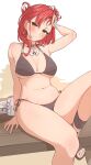  1girl adjusting_hair alternate_eye_color armpits beer_can bikini black_bikini breasts can cleavage closed_mouth highres honkai_(series) honkai_impact_3rd kyaong large_breasts mole mole_on_breast murata_himeko navel orange_eyes red_hair sandals sitting smile solo stomach swimsuit 