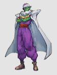  1boy brown_footwear cape colored_skin crossed_arms dougi dragon_ball dragon_ball_z full_body green_skin kemachiku looking_at_viewer male_focus piccolo pointy_ears red_sash sash simple_background solo standing turban white_cape 