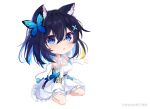  1girl :o animal_ear_fluff animal_ears bare_shoulders blue_butterfly blue_eyes blue_hair bob_cut breasts bug butterfly cat_ears cat_girl chibi cleavage dress full_body highres honkai_(series) honkai_impact_3rd off-shoulder_dress off_shoulder open_mouth seele_vollerei seele_vollerei_(swallowtail_phantasm) short_hair simple_background solo white_background white_dress white_paper_is_not_paper 