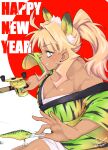 1girl ahoge animal_ears animal_print artist_name bangs blonde_hair breasts chinese_zodiac cleavage commentary dark-skinned_female dark_skin dated english_text fishing_rod flag_background green_eyes green_jacket grin hair_intakes hanten_(clothes) happy_new_year highres holding holding_fishing_rod hori_shin jacket japanese_flag large_breasts long_sleeves looking_to_the_side medium_hair new_year off_shoulder original print_jacket signature smile solo standing tiger_ears tiger_print year_of_the_tiger 