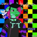  &lt;3 ambiguous_gender animated anthro arm_warmers armwear black_clothing black_shirt black_t-shirt black_topwear blep blue_body blue_fur checkered_background clothing collar dragon earbuds finger_twiddling fur furred_dragon green_body green_fur headphones highlights_(coloring) horn hyperpop_hypnosis hypnosis invalid_tag low_res mind_control music no_thoughts_head_empty nonbinary_(lore) pattern_armwear pattern_background pattern_clothing piercing rainbow rawr ryan_kyojiri_(artist) ryenna_kyobean scene_hair shirt simple_background smile solo spiked_collar spiked_wristband spikes spiral_eyes striped_armwear striped_clothing stripes t-shirt tongue tongue_out tongue_piercing topwear uwu wristband 