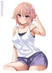  1girl black_camisole blue_shorts blush breasts camisole cleavage collarbone cropped_legs ebifurya hair_between_eyes hair_ornament highres i-58_(kancolle) kantai_collection one-hour_drawing_challenge parted_lips pink_eyes pink_hair short_hair shorts simple_background solo tank_top twitter_username white_background white_tank_top 