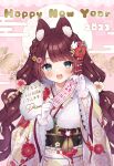  1girl 2023 :d absurdres animal_ears bangs blush braid brown_hair chinese_zodiac commentary_request egasumi enden_hamu floral_print flower fur_collar gloves green_eyes hair_flower hair_ornament happy_birthday highres holding japanese_clothes kimono long_hair long_sleeves looking_at_viewer obi omikuji original pink_background print_kimono rabbit_hair_ornament red_flower sash smile solo translation_request very_long_hair white_gloves white_kimono wide_sleeves year_of_the_rabbit 