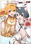  2girls absurdres animal_ears animal_hands animal_print bell black_hair blue_eyes border branch breasts cherry_blossoms china_dress chinese_clothes chis_(js60216) cleavage cleavage_cutout clothing_cutout commentary dress fang floral_print gloves high_collar highres jingle_bell kaban_(kemono_friends) kemono_friends kemonomimi_mode kneeling large_breasts leaning_forward looking_at_viewer lying medium_dress multiple_girls neck_bell on_side open_mouth orange_dress orange_eyes orange_gloves orange_hair orange_thighhighs outside_border paw_gloves pelvic_curtain print_dress print_gloves print_thighhighs serval_(kemono_friends) short_hair side_slit sideboob sleeveless sleeveless_dress small_breasts tail textless_version thighhighs tiger_ears tiger_print tiger_tail white_dress white_gloves white_thighhighs 