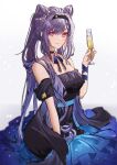  1girl absurdres bangs bare_shoulders black_dress black_hairband blue_dress choker cone_hair_bun cowboy_shot cup double_bun dress drinking_glass genshin_impact hair_bun hairband highres holding holding_cup keqing_(genshin_impact) light_smile long_hair looking_at_viewer pink_eyes purple_eyes purple_hair rayla_(rayla_illust) red_eyes sidelocks sketch solo starry_sky_print strapless strapless_dress twintails very_long_hair white_background wine_glass 