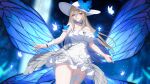  1girl absurdres aponia_(honkai_impact) arm_garter bangs bare_shoulders blue_wings blurry blurry_foreground blush breasts brown_hair bug butterfly butterfly_hat_ornament butterfly_wings choker cleavage collarbone commentary criss-cross_halter dress english_commentary eyelashes floating_hair flower frilled_dress frills glowing glowing_butterfly hair_between_eyes halter_dress halterneck hat hat_ornament highres honkai_(series) honkai_impact_3rd large_breasts long_bangs long_hair looking_at_viewer mole mole_under_eye official_alternate_costume parted_lips pouch purple_eyes second-party_source sidelocks solo sun_hat sundress thighs white_dress white_flower white_headwear wings wu_ganlan_cai 