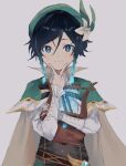  1boy androgynous aqua_hair bangs beret black_hair blue_eyes blue_hair blush braid cape closed_mouth flower genshin_impact gradient_hair green_headwear grey_background hat holding holding_instrument instrument long_sleeves looking_at_viewer lyre male_focus multicolored_hair pinch_(nesume) simple_background solo twin_braids upper_body venti_(genshin_impact) white_flower 