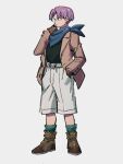  1boy black_shirt blue_eyes boots brown_coat brown_gloves coat dragon_ball dragon_ball_gt full_body gloves hand_in_pocket kemachiku looking_at_viewer male_focus purple_hair shirt short_hair shorts simple_background solo standing trunks_(dragon_ball) white_shorts 