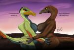  absurd_res anthro biped breast_squish breasts claws deinonychus dinosaur dromaeosaurid duo female female/female hi_res lindwormduality non-mammal_breasts nude reptile scalie squish sunset therizinosaurid therizinosaurus theropod 
