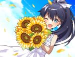  1girl black_hair blue_eyes blue_sky blush cloud dress fang flower ganaha_hibiki hair_ribbon holding holding_flower idolmaster koma_tori one_eye_closed petals ponytail ribbon sky sunflower white_dress white_ribbon 