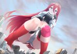  1girl aircraft airplane artist_request ass blue_eyes breasts building city giant giant_male giantess girls&#039;_frontline jacket large_breasts long_hair looking_at_viewer navel open_clothes open_jacket open_mouth red_hair red_socks shorts size_difference sky socks t-5000_(girls&#039;_frontline) white_jacket white_shorts 