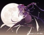  1girl ass bangs detached_sleeves earrings fate/grand_order fate_(series) from_below full_body full_moon hair_ribbon high_heels highres jewelry jumping kama_(fate) light_particles long_hair looking_at_viewer looking_down moon night outdoors outstretched_arm outstretched_leg petals purple_sleeves red_eyes red_ribbon ribbon skin_request sky smile solo thighhighs white_hair yefan 