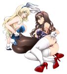  2girls animal_ears ashigara_(kancolle) ass atago_(kancolle) black_pantyhose blue_leotard bow bowtie breasts detached_collar fake_animal_ears fake_tail high_heels highleg highleg_leotard kantai_collection large_breasts leotard looking_at_viewer lying multiple_girls open_mouth pantyhose playboy_bunny purple_leotard rabbit_ears rabbit_tail simple_background sitting smile strapless strapless_leotard tail thighhighs traditional_bowtie udukikosuke white_background white_thighhighs wrist_cuffs 