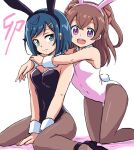  2girls animal_ears black_leotard blue_eyes blue_hair blush bow bowtie breasts brown_hair brown_pantyhose delicious_party_precure detached_collar fake_animal_ears fuwa_kokone hair_ornament hairclip highres kneeling leotard long_hair looking_at_viewer multiple_girls nagomi_yui pantyhose pink_eyes pink_leotard playboy_bunny precure rabbit_ears rabbit_tail short_hair sitting small_breasts smile strapless strapless_leotard tail traditional_bowtie twintails uraki wariza white_background wrist_cuffs 