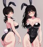  2girls @_@ absurdres animal_ears ass black_hair blush breasts chainsaw_man cleavage covered_navel fake_animal_ears highres huge_ass large_breasts long_hair mitaka_asa mole mole_on_breast multiple_girls open_mouth playboy_bunny ponytail rabbit_ears rabbit_tail scar scar_on_face siri_(artist) sweat tail thighs yellow_eyes yoru_(chainsaw_man) 