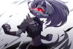  angry anthro armwear black_nose bottomless canid canid_demon canine canis clenched_teeth clothed clothing collar demon female fighting_pose fist fur grey_body grey_fur hair hellhound helluva_boss htfikuhuzi_teo long_hair long_tail looking_at_viewer loona_(helluva_boss) mammal motion_lines multicolored_body multicolored_fur notched_ear pose pupils red_sclera simple_background slit_pupils solo spiked_collar spikes tail teeth torn_clothing two_tone_body two_tone_fur white_body white_eyes white_fur white_hair wolf 