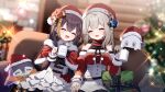  2girls :d ^_^ absurdres black_hair blurry blurry_background bow breasts christmas christmas_ornaments christmas_tree closed_eyes cowboy_shot cup diffraction_spikes earrings flower grey_hair hair_bow hair_flower hair_ornament hat hazakura_satsuki highres holding holding_cup holding_hands interlocked_fingers jewelry lens_flare light_blush long_hair multicolored_hair multiple_girls nijisanji nijisanji_en non-circular_lens_flare open_mouth pentomo_(petra_gurin) petra_gurin pillow poppi_(reimu_endou) red_shawl reimu_endou santa_hat second-party_source shawl smile snowflake_earrings steam virtual_youtuber yuri 