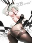  1girl animal_ears armpits ass back bangs bare_shoulders blue_eyes blurry blurry_background breasts bunny_pose elbow_gloves gloves highres large_breasts leotard mia_(gute-nacht-07) mole mole_under_mouth nier_(series) nier_automata pantyhose playboy_bunny rabbit_ears sideboob thick_thighs thighband_pantyhose thighs white_background white_hair yorha_no._2_type_b 