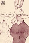  anthro artist_name big_butt bodily_fluids butt canid canine clothed clothing dialogue disney duo english_text faceless_character faceless_male female fox fur hi_res huge_butt judy_hopps lagomorph leporid long_ears male mammal nick_wilde nocturne_(artist) rabbit speech_bubble standing sweat sweatdrop text thick_thighs wide_hips zootopia 