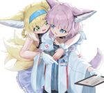  2girls animal_ear_fluff animal_ears arknights bangs bare_arms bare_shoulders black_gloves blonde_hair blue_eyes blue_hairband blue_shirt braid collarbone commentary_request dress eason870408 fox_ears fox_girl fox_tail frilled_dress frills gloves green_eyes hair_between_eyes hair_rings hairband highres holding jacket kitsune multiple_girls purple_dress purple_hair shirt simple_background single_glove sleeveless sleeveless_dress sussurro_(arknights) suzuran_(arknights) tablet_pc tail white_background white_gloves white_jacket 