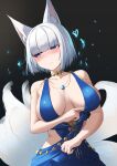  1girl absurdres akaoni_(zumt3548) animal_ears armpit_crease azur_lane bare_arms bare_shoulders black_background blue_dress blue_eyes blush breasts breasts_apart brooch commentary_request dress evening_gown fox_ears fox_girl fox_tail heart highres jewelry kaga_(azur_lane) kaga_(exalted_white_wings)_(azur_lane) kyuubi large_breasts multiple_tails narrowed_eyes necklace official_alternate_costume simple_background sleeveless sleeveless_dress slit_pupils solo tail upper_body white_hair 
