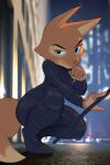 absurd_res anthro bodysuit canid canine clothed clothing crouching diane_foxington dreamworks eyebrow_piercing facial_piercing female fox fur hi_res inkune mammal orange_body orange_fur piercing skinsuit solo the_bad_guys tight_clothing 