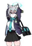  1girl animal_ear_fluff animal_ears aqua_eyes aqua_scarf arms_up bag bangs black_skirt blazer blue_archive blush breasts gloves green_gloves grey_hair hair_between_eyes hair_ornament halo id_card jacket medium_breasts open_mouth pinch_(nesume) pleated_skirt scarf shiroko_(blue_archive) shirt simple_background skirt solo white_background white_shirt x_hair_ornament 