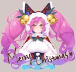  1girl bangs blue_hair blush capelet carrot_(robosquat) cleo_(dragalia_lost) dragalia_lost drill_hair grey_background hair_between_eyes hood long_hair looking_at_viewer merry_christmas multicolored_hair official_alternate_costume pink_eyes pink_hair smile solo twin_drills twintails twitter_username two-tone_hair upper_body very_long_hair 