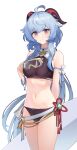  1girl absurdres ahoge aqua_gemstone arm_behind_back arm_strap bangs bare_shoulders behind_back bikini black_bikini blue_hair bracelet breasts chinese_knot cowboy_shot flower_knot ganyu_(genshin_impact) gem genshin_impact goat_horns goggles goggles_removed highres holding holding_goggles holding_surfboard horns jewelry light_blush long_hair looking_at_viewer medium_breasts messy_hair navel purple_eyes red_tassel side-tie_bikini_bottom sidelocks simple_background smile solo standing surfboard swimsuit tassel very_long_hair vision_(genshin_impact) white_background yefan 