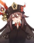  1girl 4sm98 absurdres bangs black_coat black_headwear black_nails blurry brown_hair coat fingernails flower flower-shaped_pupils genshin_impact grey_coat hair_between_eyes hat hat_flower head_tilt highres hu_tao_(genshin_impact) long_hair long_sleeves looking_at_viewer one_eye_closed own_hands_together palms_together porkpie_hat red_eyes simple_background sleeves_past_wrists smile solo staff_of_homa_(genshin_impact) symbol-shaped_pupils tassel tongue tongue_out twintails upper_body v-shaped_eyebrows white_background wide_sleeves 