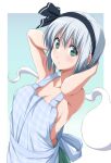  1girl apron armpits black_hairband black_ribbon blue_eyes bob_cut bow_hairband green_skirt hair_ribbon hairband highres hitodama konpaku_youmu konpaku_youmu_(ghost) nearly_naked_apron nori_tamago ribbon short_hair skirt solo touhou white_hair 