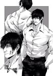  1boy back bangs belt blood blood_on_clothes blood_on_face cigarette commentary_request fushiguro_touji hands_in_pockets highres jujutsu_kaisen looking_at_viewer male_focus mature_male monochrome mouth_hold multiple_views muscular muscular_male pants scar scar_on_back scar_on_face scar_on_mouth shirt short_hair twitter_username vermilli000n 