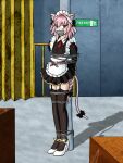  1boy astolfo_(fate) bdsm bondage bound bound_ankles bound_arms bound_legs bound_wrists crossdressing fate/grand_order fate_(series) highres kidnapped looking_at_viewer maid non-web_source otoko_no_ko pink_hair purple_eyes 