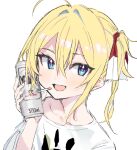  1girl ahoge alcohol bangs beer beer_can blonde_hair blue_eyes blush can cigarette hair_between_eyes hair_ribbon holding holding_can indie_virtual_youtuber looking_at_viewer open_mouth pinch_(nesume) portrait ribbon shirt simple_background sketch solo t-shirt virtual_youtuber white_background white_shirt yamada_sora 