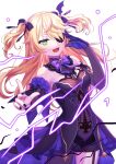  1girl absurdres bare_shoulders black_gloves blonde_hair bow breasts dress eyepatch fischl_(genshin_impact) genshin_impact gloves green_eyes highres long_hair open_mouth pochimaru_(marumaru_wanwan) purple_bow single_glove single_thighhigh thighhighs thunder 