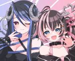  2girls 774_inc. ahoge bangs belt belt_collar black_belt black_hair black_jacket blue_belt blue_eyes blue_hair blush bra breasts brown_eyes brown_nails chest_belt cleavage closed_mouth collar commentary_request curled_horns demon_girl demon_horns demon_tail earrings fangs flat_chest flower grey_horns hair_between_eyes hair_flower hair_ornament hair_ribbon hebiyoi_tier highres horns jacket jewelry kino_haruc large_breasts long_hair long_sleeves looking_at_viewer multicolored_hair multiple_girls off_shoulder oinomori_may one_eye_closed one_side_up open_mouth pink_bra pink_hair pink_ribbon pointy_ears ribbon sidelocks single_earring smile sugar_lyric tail two-tone_hair underwear upper_body virtual_youtuber 
