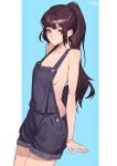  1girl absurdres artist_name bare_arms bare_shoulders breasts brown_hair cleavage closed_mouth collarbone cowboy_shot fushe highres long_hair looking_at_viewer medium_breasts naked_overalls original overalls ponytail purple_eyes smile solo two-tone_background 
