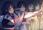  4girls aiming akagi_(kancolle) arrow_(projectile) artist_logo blue_hair blue_hakama bow_(weapon) brown_eyes brown_hair hakama hiryuu_(kancolle) japanese_clothes kaga_(kancolle) kantai_collection long_hair multiple_girls muneate red_hakama side_ponytail souryuu_(kancolle) straight_hair tasuki twintails unowen weapon 