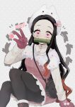  1girl absurdres alternate_costume bag bamboo black_hair black_pantyhose boots brown_hair bunny_head gloves highres kamado_nezuko kimetsu_no_yaiba long_hair long_sleeves looking_at_viewer multicolored_hair pantyhose pink_eyes pink_ribbon pori_(kmt_pori) red_gloves ribbon shoulder_bag 