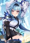  1girl arms_up blue_hair breasts eula_(genshin_impact) felielle genshin_impact ice impossible_clothes impossible_leotard leotard light_blush looking_at_viewer medium_breasts medium_hair solo sword thighhighs vision_(genshin_impact) weapon yellow_eyes 