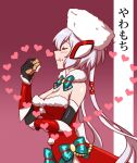  1girl axia-chan breasts cleavage closed_mouth eating elbow_gloves food from_side gloves green_ribbon grey_hair hair_between_eyes headphones highres holding holding_food large_breasts long_hair neck_ribbon ribbon santa_costume senki_zesshou_symphogear sidelocks translation_request twintails very_long_hair yukine_chris 