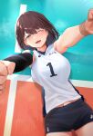  1girl black_shorts blue_eyes brown_hair highres looking_at_viewer lying on_back on_floor one_eye_closed open_mouth original short_hair shorts smile solo sportswear teeth upper_teeth_only vegetablenabe volleyball_uniform 